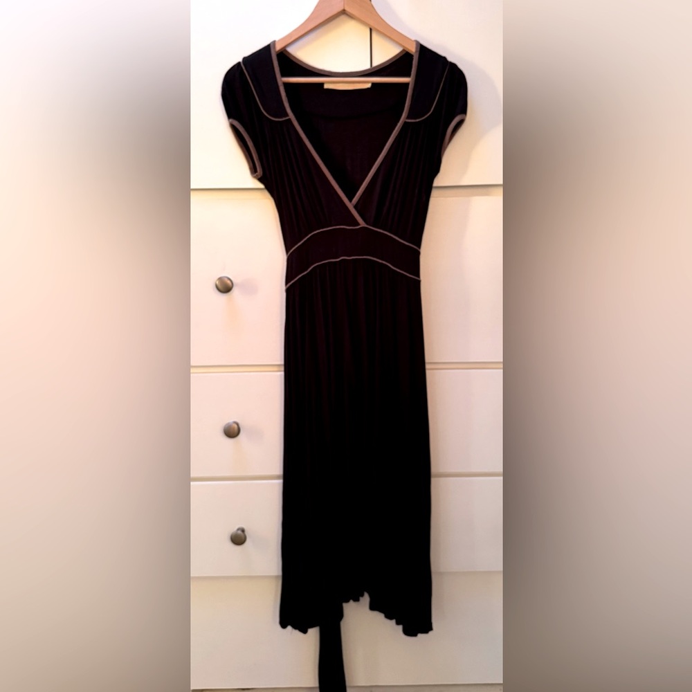 Vintage Farron Elizabeth faux wrap black dress with brown detailing in size XS.